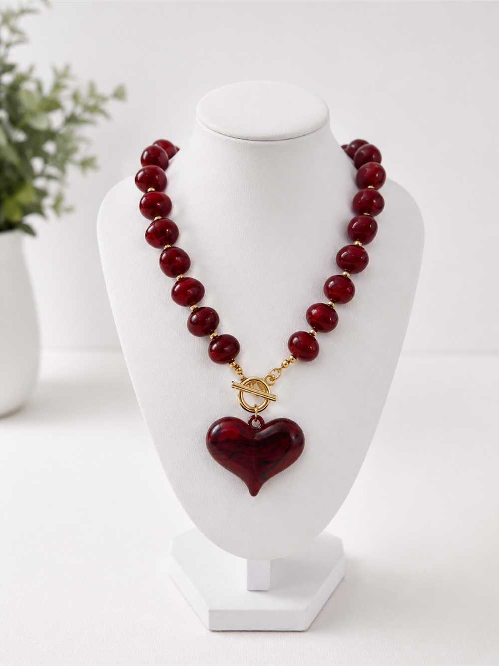 Handcrafted Burgundy Heart Bead Necklace - Gold Toggle Pendant
